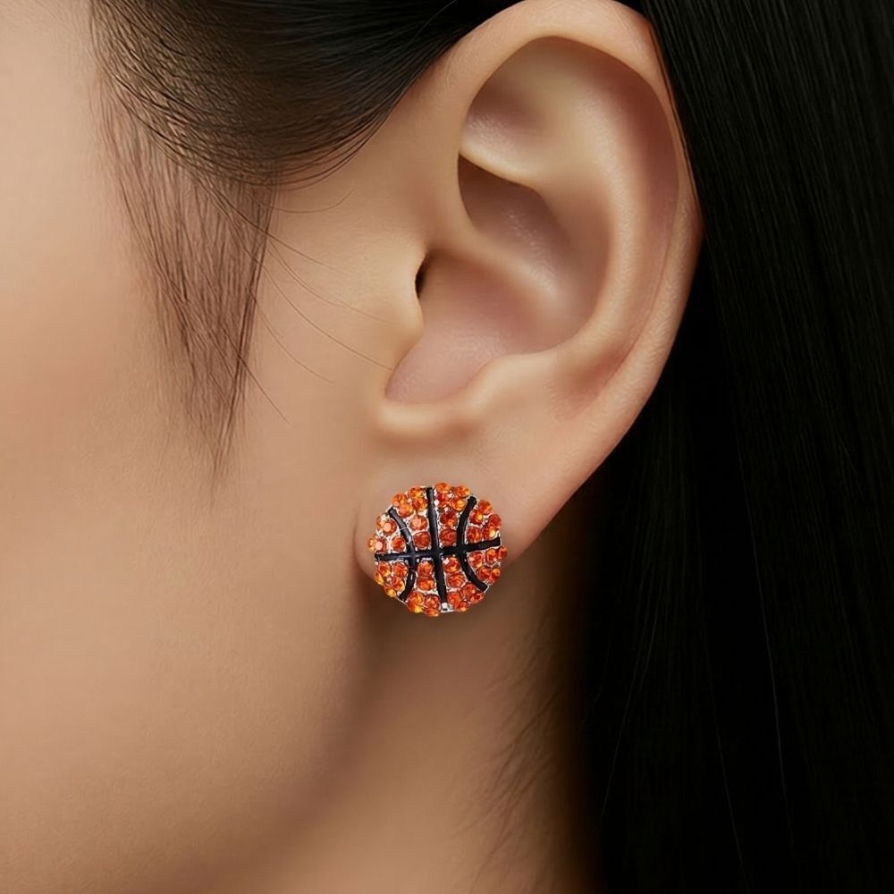 Basketball Rhinestone Stud Earrings Orange CZ Black Enamel Sports Jewelry Glam